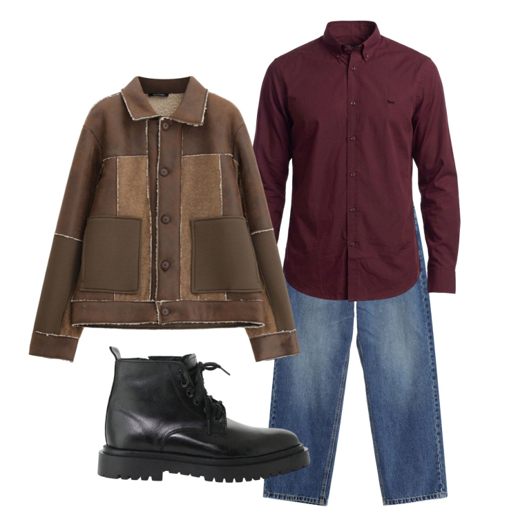 Outfit uomo - Total look #2496944. Stile Biker Rock per Tutti i giorni. Abbinamento con camicie, jeans, anfibi, cappotti.