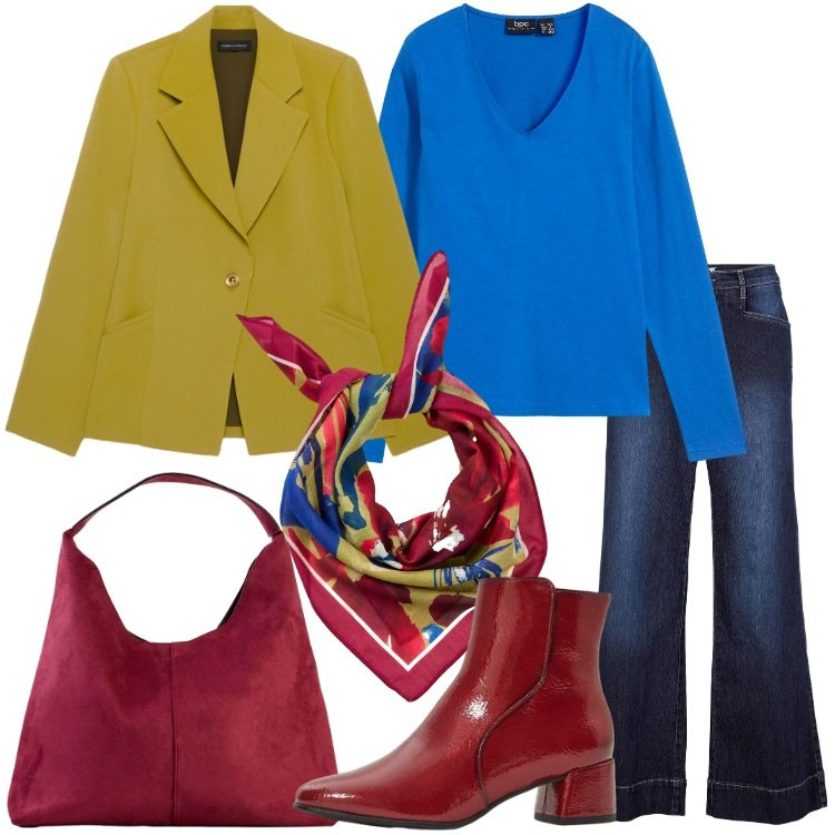 Outfit donna - Colori decisi ad ottobre. Stile Trendy per Tutti i giorni. Abbinamento con blazer, jeans, maglieria, borse a spalla, foulard, stivaletti.