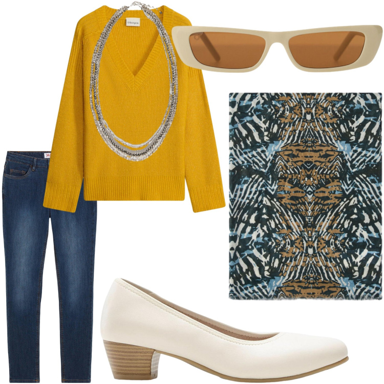 Outfit donna - Rules. Stile Casual per Tutti i giorni. Abbinamento con occhiali da sole, collane, foulard, décolleté, maglieria, jeans skinny.