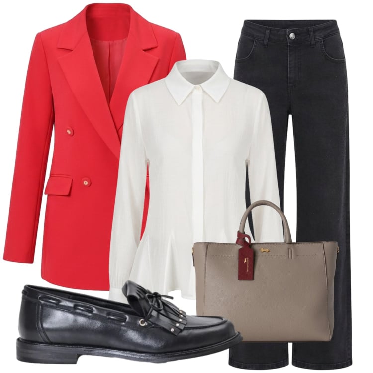 Outfit donna - Pop of red - Focus Donna Curvy. Stile Glamour per Tutti i giorni. Abbinamento con borse a mano, jeans, mocassini, camicie, blazer.