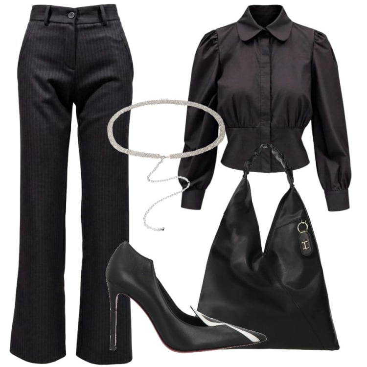 Outfit donna - I am in Total black. Stile Trendy per Ufficio. Abbinamento con pantaloni, camicie, borse a spalla, cinture, décolleté.