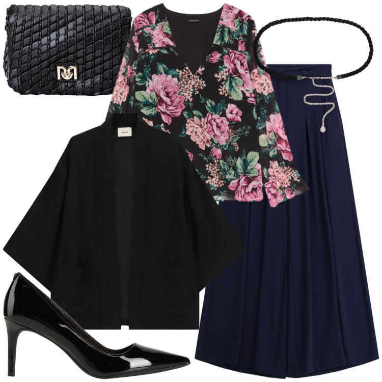 Outfit donna - Chic. Stile Chic per Serata fuori. Abbinamento con pantaloni a palazzo, cinture, bluse, borse a tracolla, blazer, décolleté.