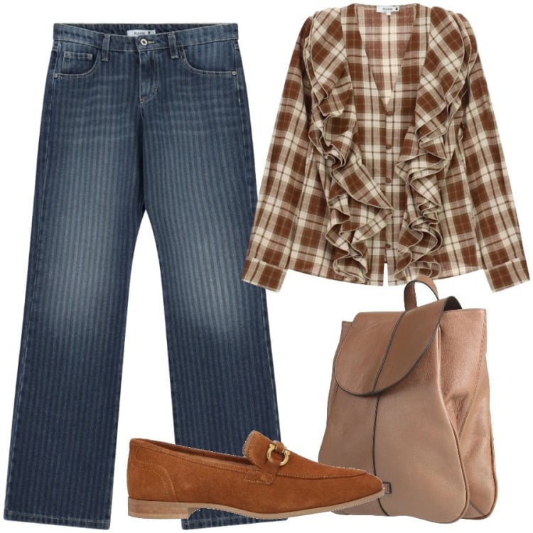 Outfit donna - Comoda in giro per la città. Stile Trendy per Tutti i giorni. Abbinamento con camicie, jeans dritti, zaini, mocassini.