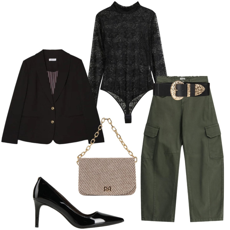 Outfit donna - Urban Glam: Oliva & Pizzo Nero. Stile Urban per Serata fuori. Abbinamento con blazer, pantaloni cargo, cinture, borse a spalla, décolleté, body.
