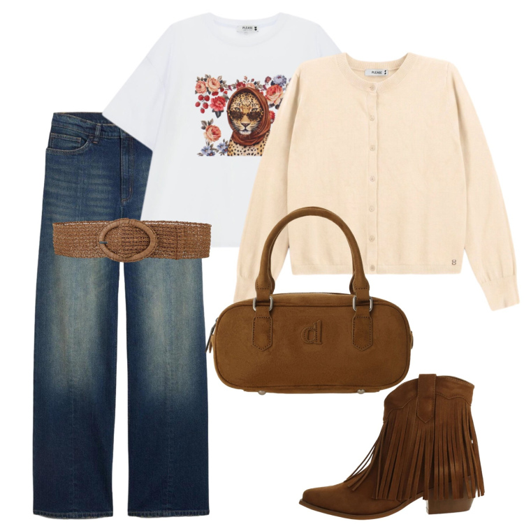 Outfit donna - Total look #2496960. Stile Casual per Scuola/Università. Abbinamento con stivaletti texani, cardigans, t-shirt, borse a mano, cinture, jeans dritti.