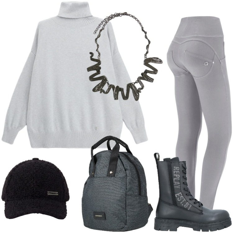 Outfit donna - Toni su tono in città. Stile Urban per Scuola/Università. Abbinamento con ciondoli, pullovers, pantaloni skinny, cappelli con visiera, zaini, anfibi.