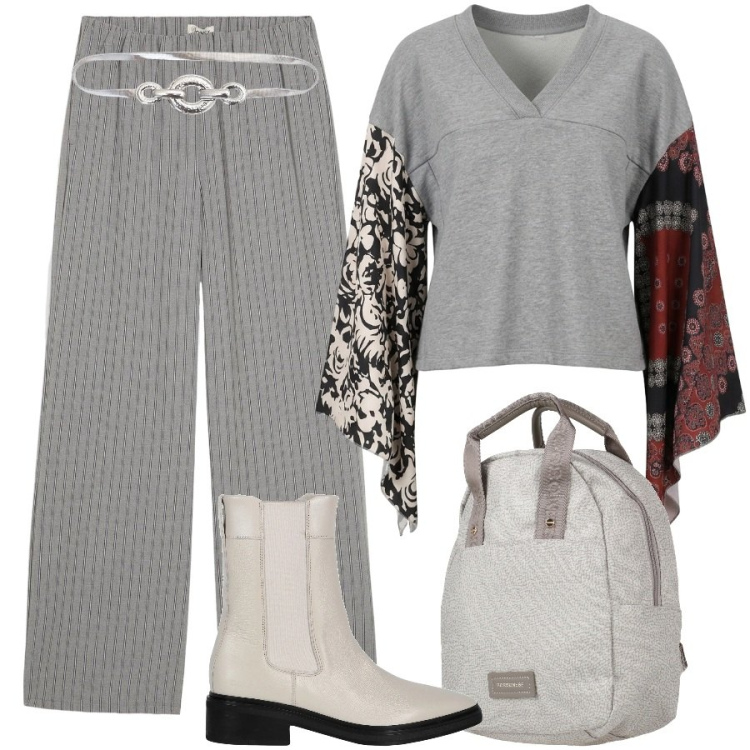 Outfit donna - Il grigio che accende. Stile Trendy per Scuola/Università. Abbinamento con cinture, felpe, zaini, stivaletti chelsea, pantaloni.