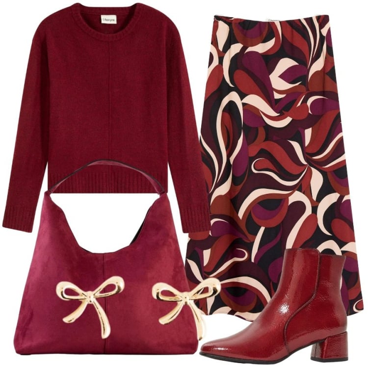 Outfit donna - Sfumature di rosso. Stile Sporty chic per Ufficio. Abbinamento con gonne longuette, maglieria, borse a spalla, orecchini, stivaletti.