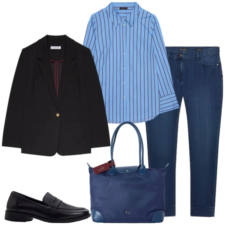 Outfit donna - Total look #2496966. Stile Casual chic per Ufficio. Abbinamento con shopping bag, jeans skinny, camicie, blazer, mocassini.