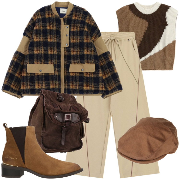 Outfit donna - Primi freddi. Stile Casual per Tutti i giorni. Abbinamento con pantaloni a palazzo, maglieria, blazer, cappelli, stivaletti texani, zaini.