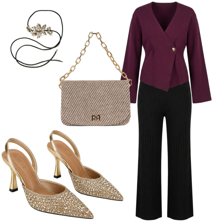 Outfit donna - Aperitivo glam. Stile Glamour per Serata fuori. Abbinamento con borse a spalla, cinture, cardigans, décolleté, pantaloni a palazzo.