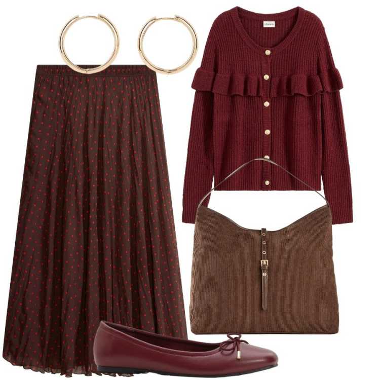 Outfit donna - Con le ballerine. Stile Romantica per Ufficio. Abbinamento con ballerine, cardigans, gonne lunghe, orecchini, shopping bag.