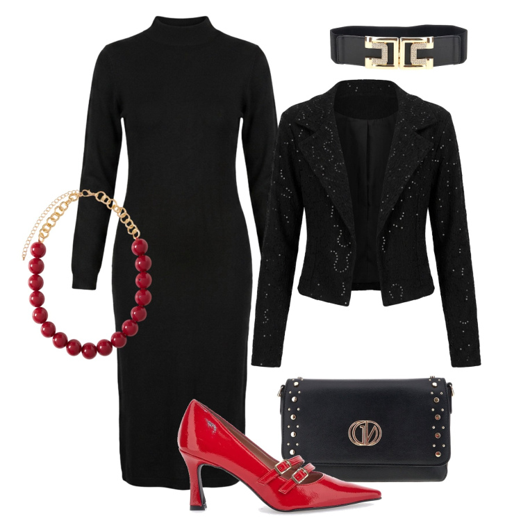 Outfit donna - Cena a due touch red. Stile Chic per Serata fuori. Abbinamento con collane, blazer, vestiti midi/longuette, décolleté, borse a tracolla, cinture.