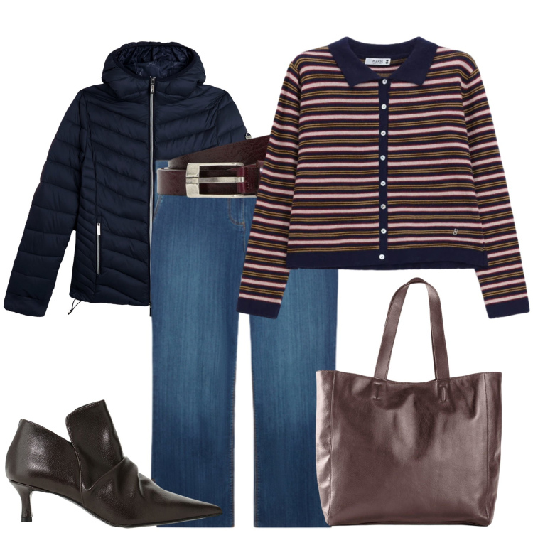 Outfit donna - Blue Wide Leg Jeans. Stile Casual chic per Tutti i giorni. Abbinamento con stivaletti, jeans dritti, piumini, cardigans, cinture, shopping bag.