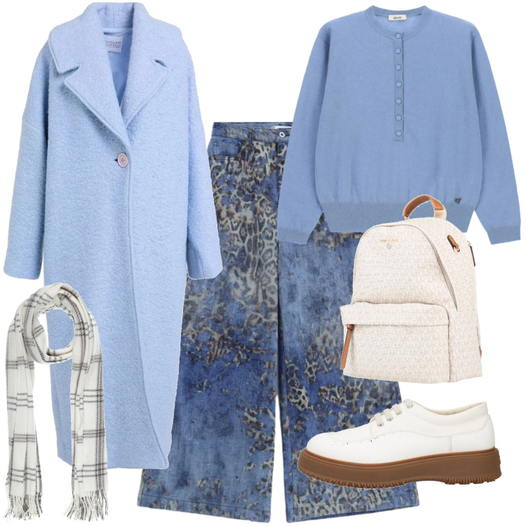 Outfit donna - Azzurro. Stile Casual chic per Tutti i giorni. Abbinamento con jeans, maglieria, sciarpe, cappotti, zaini, scarpe stringate.
