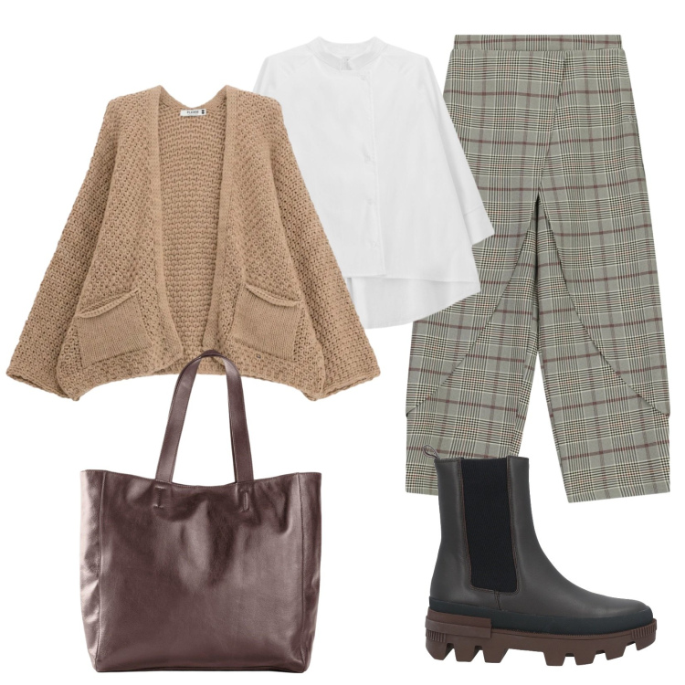 Outfit donna - Comoda di tendenza. Stile Casual chic per Tutti i giorni. Abbinamento con camicie, pantaloni, cardigans, stivaletti chelsea, shopping bag.