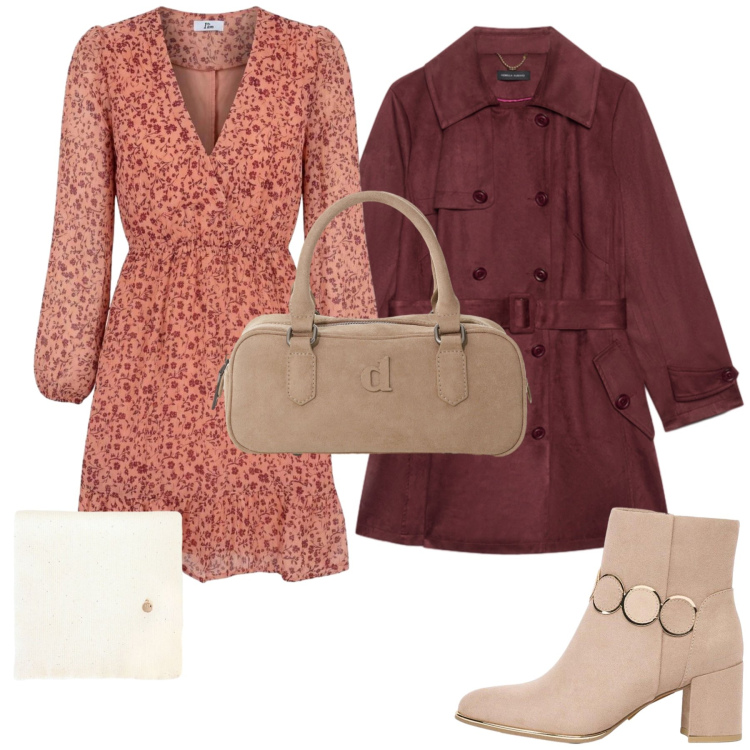 Outfit donna - Total look #2496989. Stile Urban per Tutti i giorni. Abbinamento con vestiti corti, trench, sciarpe, borse a mano, stivaletti.