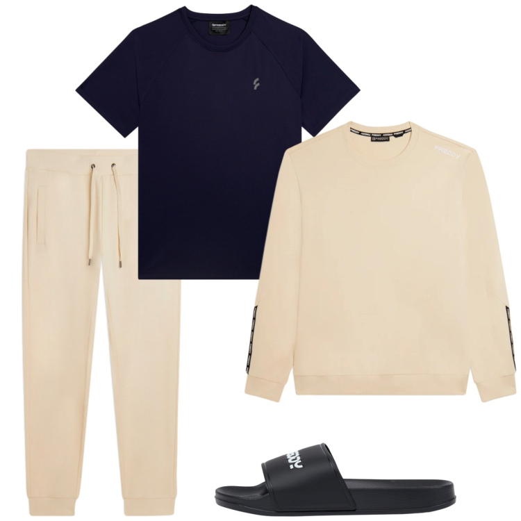 Outfit uomo - Relax serale. Stile Casual per Tutti i giorni. Abbinamento con t-shirt, felpe, pantaloni, sandali.