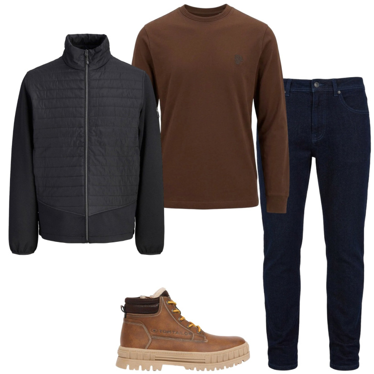 Outfit uomo - Fall. Stile Casual per Tutti i giorni. Abbinamento con t-shirt, jeans slim fit, stivali e stivaletti, giacche.