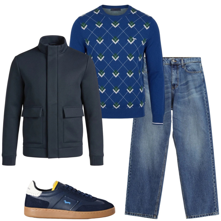 Outfit uomo - In pizzeria. Stile Casual per Tutti i giorni. Abbinamento con maglieria, sneakers, giacche, jeans.