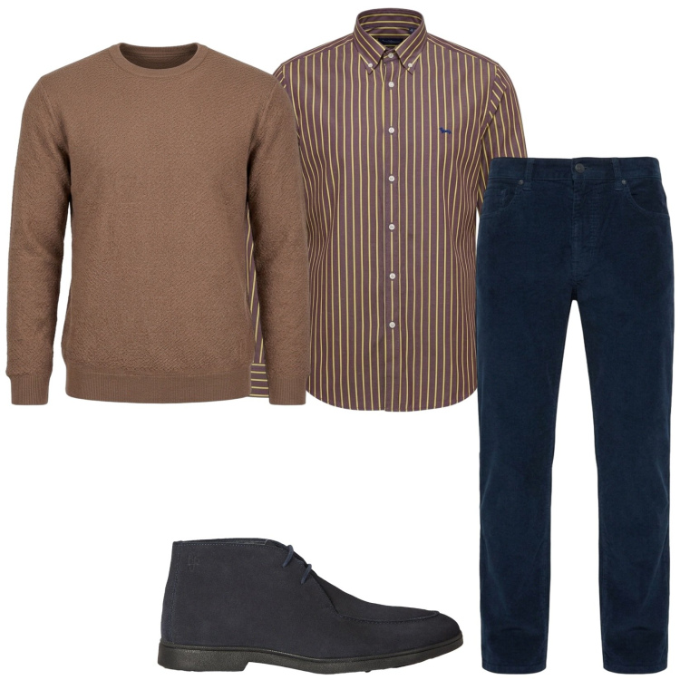 Outfit uomo - Mercoledì sera insieme. Stile Trendy per Serata speciale. Abbinamento con camicie, maglieria, stivali e stivaletti, pantaloni.