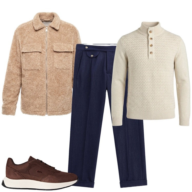 Outfit uomo - Sfumature di navy e cammello. Stile Casual per Tutti i giorni. Abbinamento con sneakers, pullovers, pantaloni, cappotti.