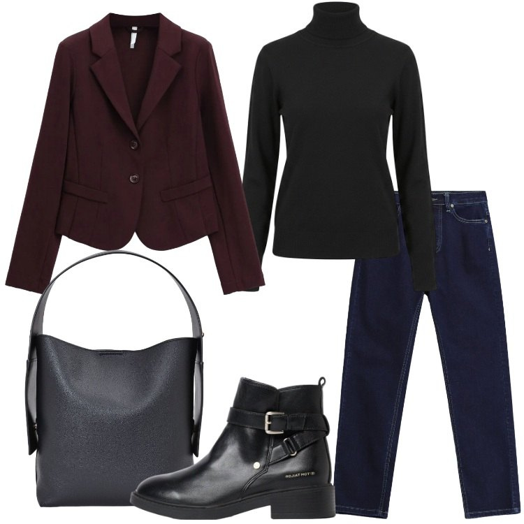 Outfit donna - Minimalismo Anni '90. Stile Minimal per Tutti i giorni. Abbinamento con blazer, jeans slim fit, borse a spalla, pullovers, stivaletti.