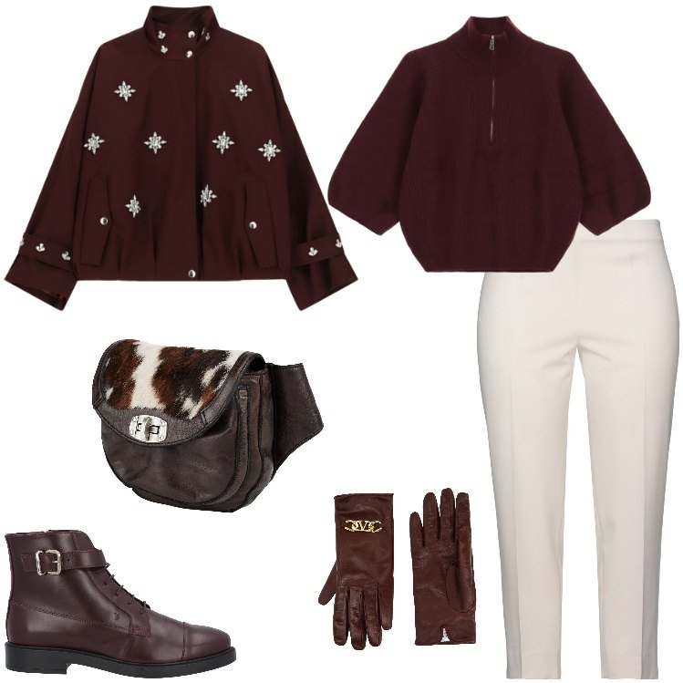 Outfit donna - Ottobre. Stile Sporty chic per Tutti i giorni. Abbinamento con maglieria, bomber, stivaletti, marsupi, pantaloni, guanti.
