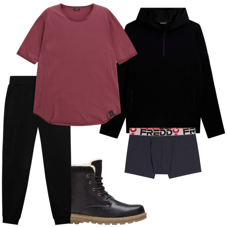 Outfit uomo - Total look #2497080. Stile Casual per Tutti i giorni. Abbinamento con t-shirt, pantaloni, felpe con cappuccio, boxer, stivali e stivaletti.