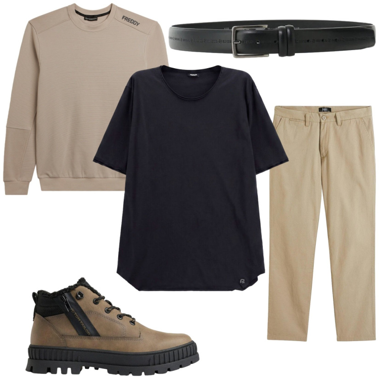 Outfit uomo - Total look #2497081. Stile Casual per Tutti i giorni. Abbinamento con cinture, t-shirt, felpe, pantaloni chino, stivali e stivaletti.
