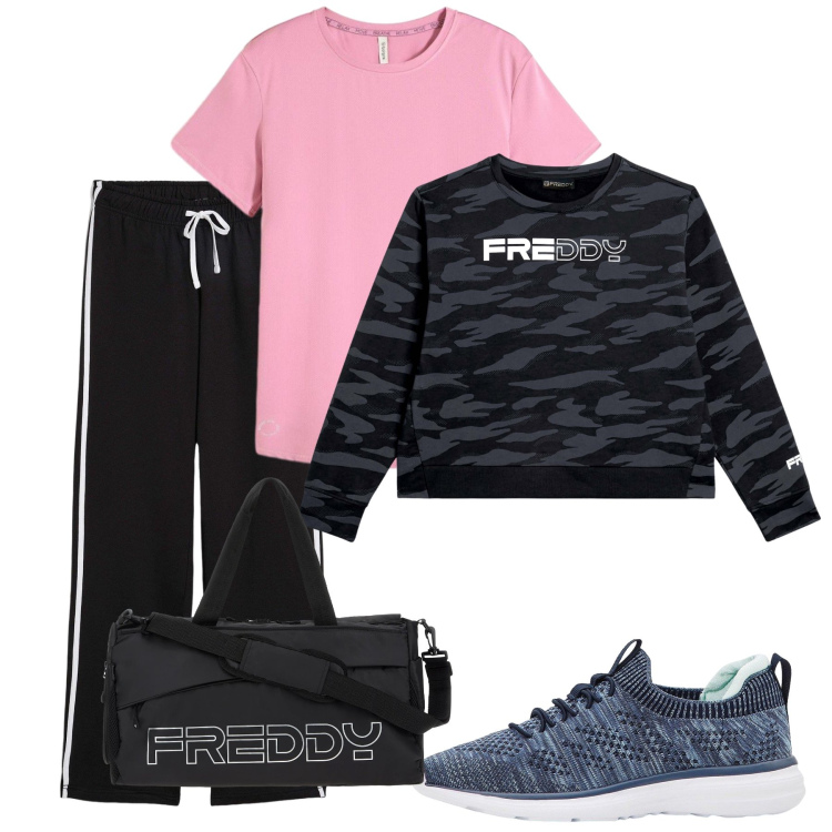 Outfit donna - In palestra. Stile Sporty chic per Sport. Abbinamento con felpe, borse sportive, sneakers, pantaloni sportivi, t-shirt sportive.