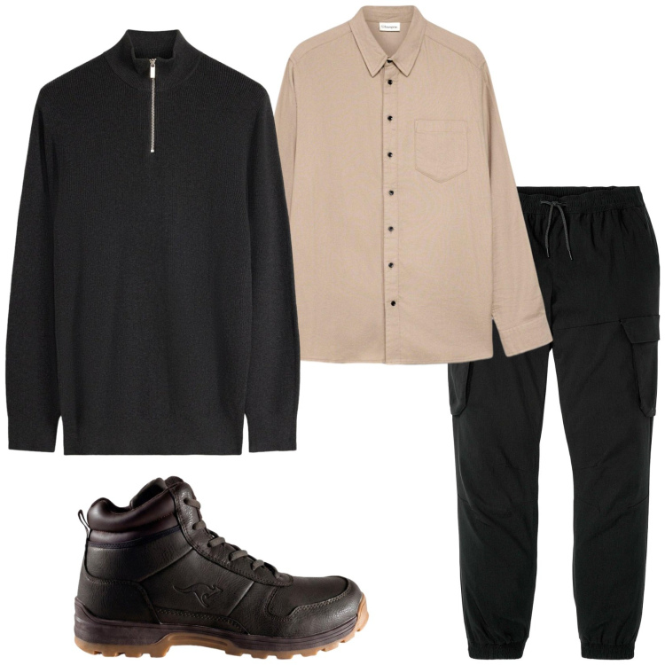 Outfit uomo - Total look #2497085. Stile Casual per Tutti i giorni. Abbinamento con pantaloni cargo, camicie, stivali e stivaletti, maglieria.