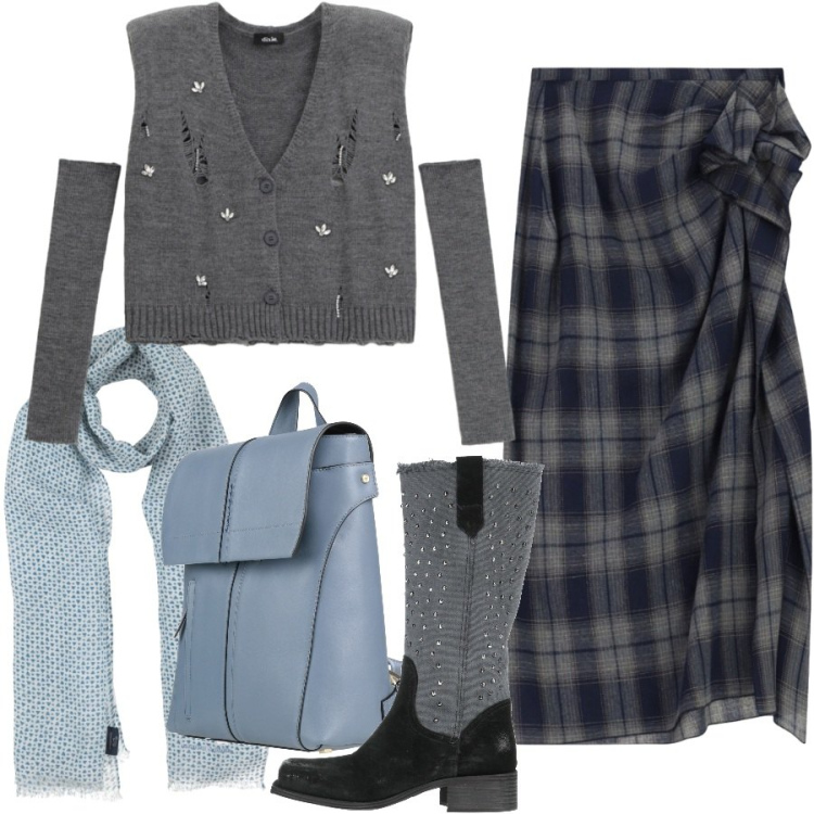 Outfit donna - A cena da amici. Stile Casual chic per Serata fuori. Abbinamento con gonne longuette, maglieria, stivali, sciarpe, zaini.