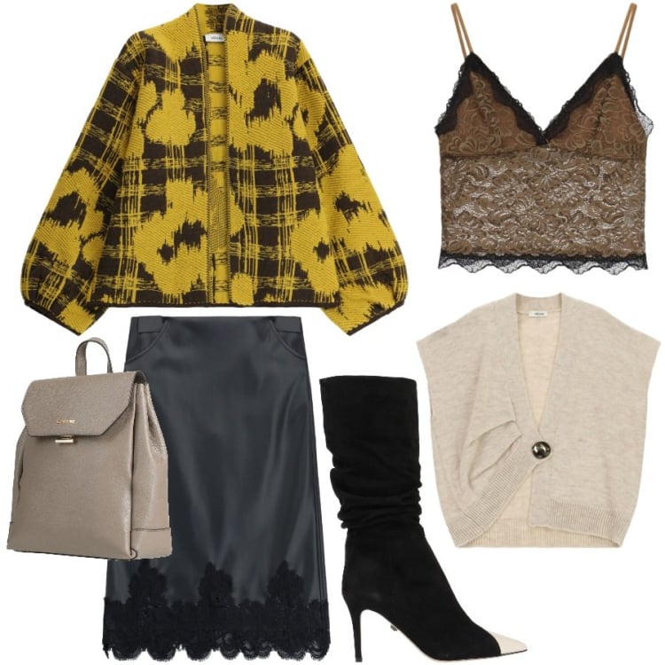 Outfit donna - Ricercata e trendy per l' appuntamento. Stile Trendy per Serata fuori. Abbinamento con gonne longuette, top, cardigans, maglieria, stivali, zaini.