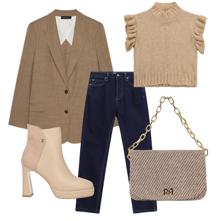 Outfit donna - Ottobre. Stile Casual chic per Tutti i giorni. Abbinamento con blazer, jeans slim fit, maglieria, borse a spalla, stivaletti.