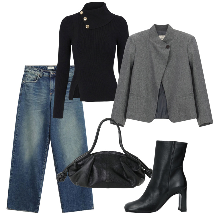 Outfit donna - Minimalismo Anni '90. Stile Minimal per Ufficio. Abbinamento con maglieria, jeans, borse a mano, blazer, stivaletti.