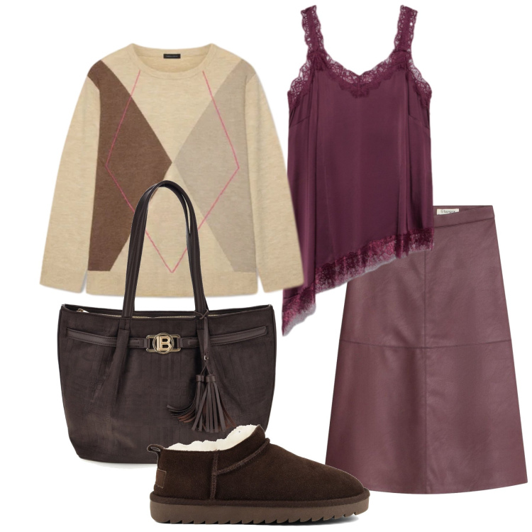 Outfit donna - Ottobre. Stile Boho per Tutti i giorni. Abbinamento con top, maglieria, gonne longuette, stivali, shopping bag.