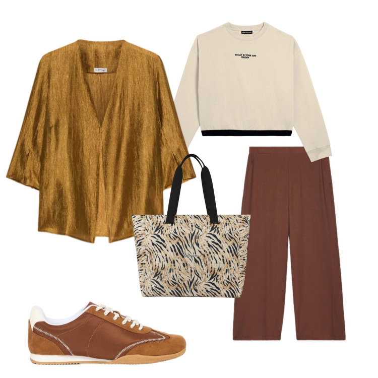 Outfit donna - Autunno. Stile Casual per Tutti i giorni. Abbinamento con blazer, pantaloni, shopping bag, felpe, sneakers.