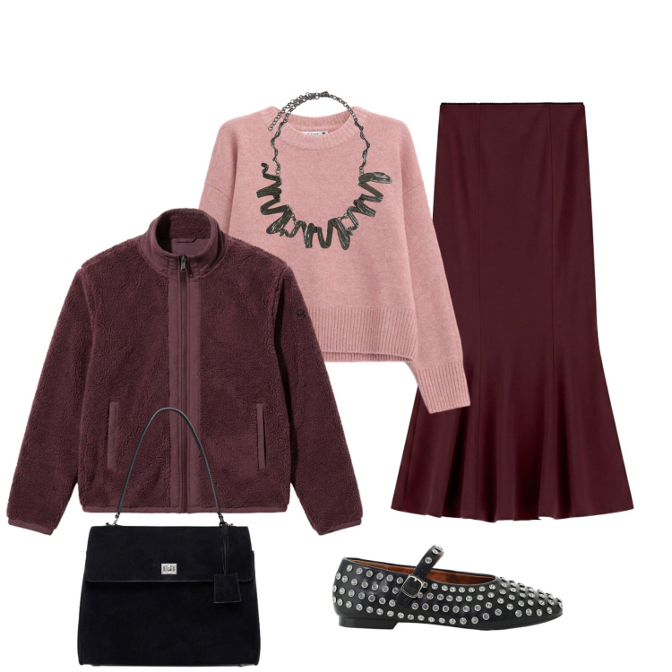 Outfit donna - Sofisticato contrasto bordeaux e cipria. Stile Glamour per Tutti i giorni. Abbinamento con gonne lunghe, borse a mano, ciondoli, blazer, maglieria, ballerine.