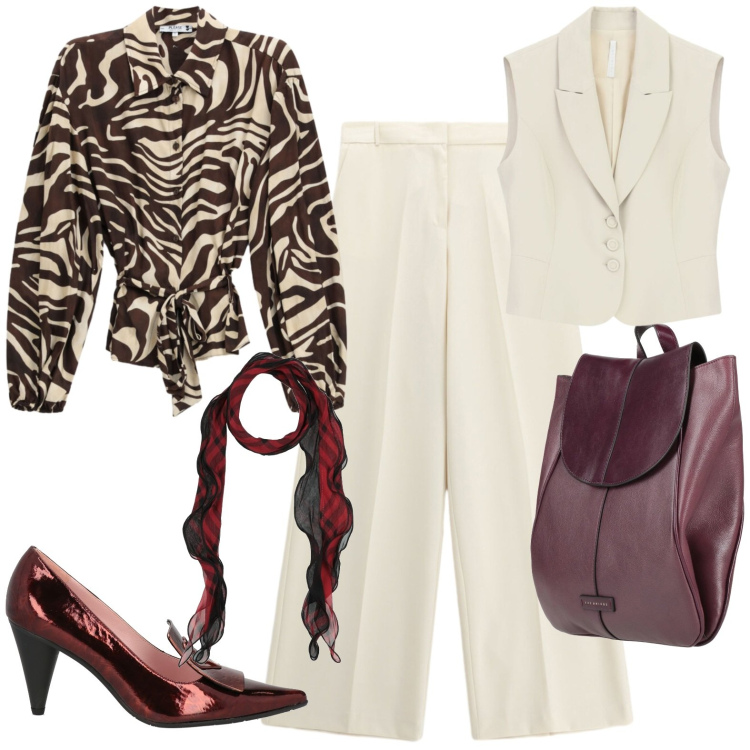 Outfit donna - Casual chic. Stile Casual chic per Tutti i giorni. Abbinamento con gilet, pantaloni a palazzo, camicie, sciarpe, zaini, mocassini.