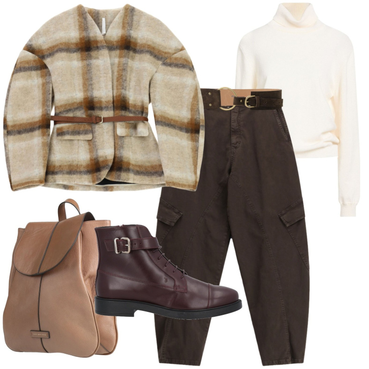 Outfit donna - Casual. Stile Casual per Tutti i giorni. Abbinamento con blazer, pantaloni cargo, cinture, maglieria, stivaletti, zaini.