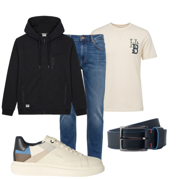 Outfit uomo - Total look #2497202. Stile Casual per Tutti i giorni. Abbinamento con sneakers, t-shirt, jeans, cinture, felpe con cappuccio.