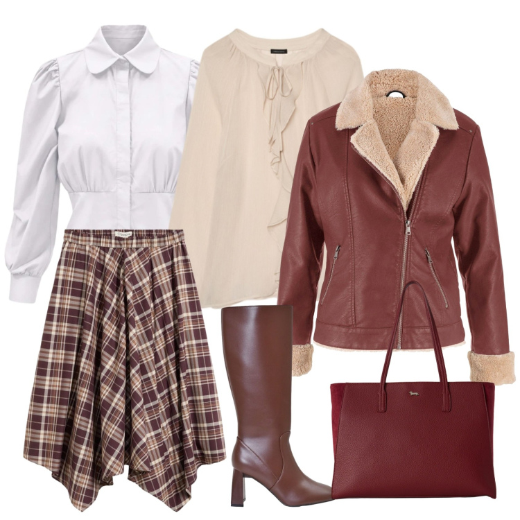 Outfit donna - Total look #2497206. Stile Casual chic per Ufficio. Abbinamento con camicie, shopping bag, bluse, stivali sopra il ginocchio, gonne, bomber.