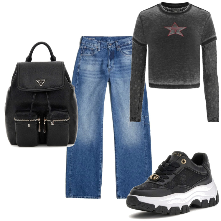 Outfit mujer - Casual. Estilo Casual para Todos los días. Combinación con sneakers, mochilas, vaqueros, camiseta.