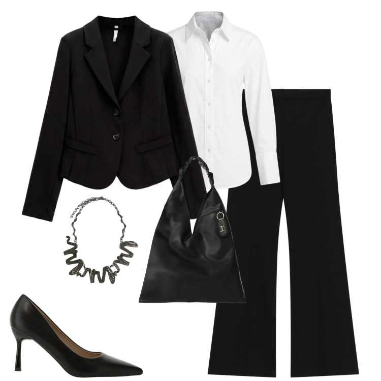Outfit donna - In ufficio. Stile Minimal per Ufficio. Abbinamento con blazer, pantaloni, borse a spalla, décolleté, ciondoli, camicie.