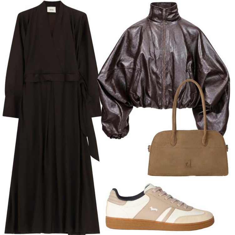 Outfit donna - Comoda e chic. Stile Chic per Ufficio. Abbinamento con bomber, sneakers, borse a spalla, vestiti lunghi.
