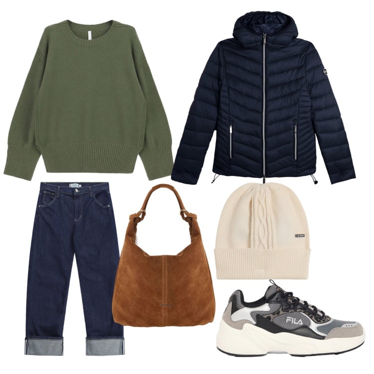 Outfit donna - Primi freddi. Stile Casual per Scuola/Università. Abbinamento con borse a spalla, maglieria, jeans dritti, piumini, berretti, sneakers.