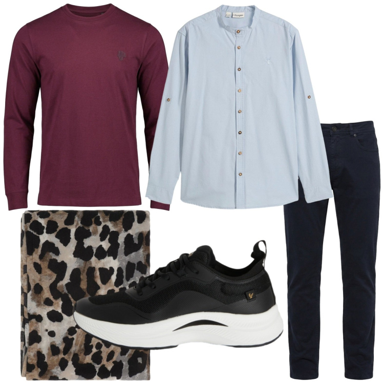 Outfit uomo - Foulard animalier. Stile Trendy per Tutti i giorni. Abbinamento con pantaloni, t-shirt, sciarpe e foulard, sneakers, camicie.