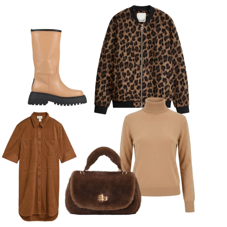 Outfit donna - Pranzo in centro. Stile Casual chic per Tutti i giorni. Abbinamento con borse a mano, pullovers, stivali, vestiti chemisier, bomber.