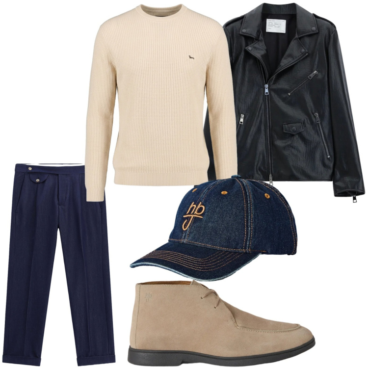 Outfit uomo - Metropolitano di classe. Stile Casual per Tutti i giorni. Abbinamento con stivali e stivaletti, cappelli con visiera, maglieria, giacche, pantaloni.
